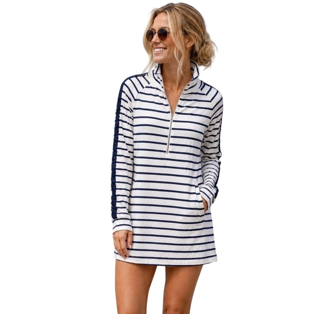 LILLY PULITZER Skipper Popover Striped Dress Navy Blue‎ White Preppy Nautical S